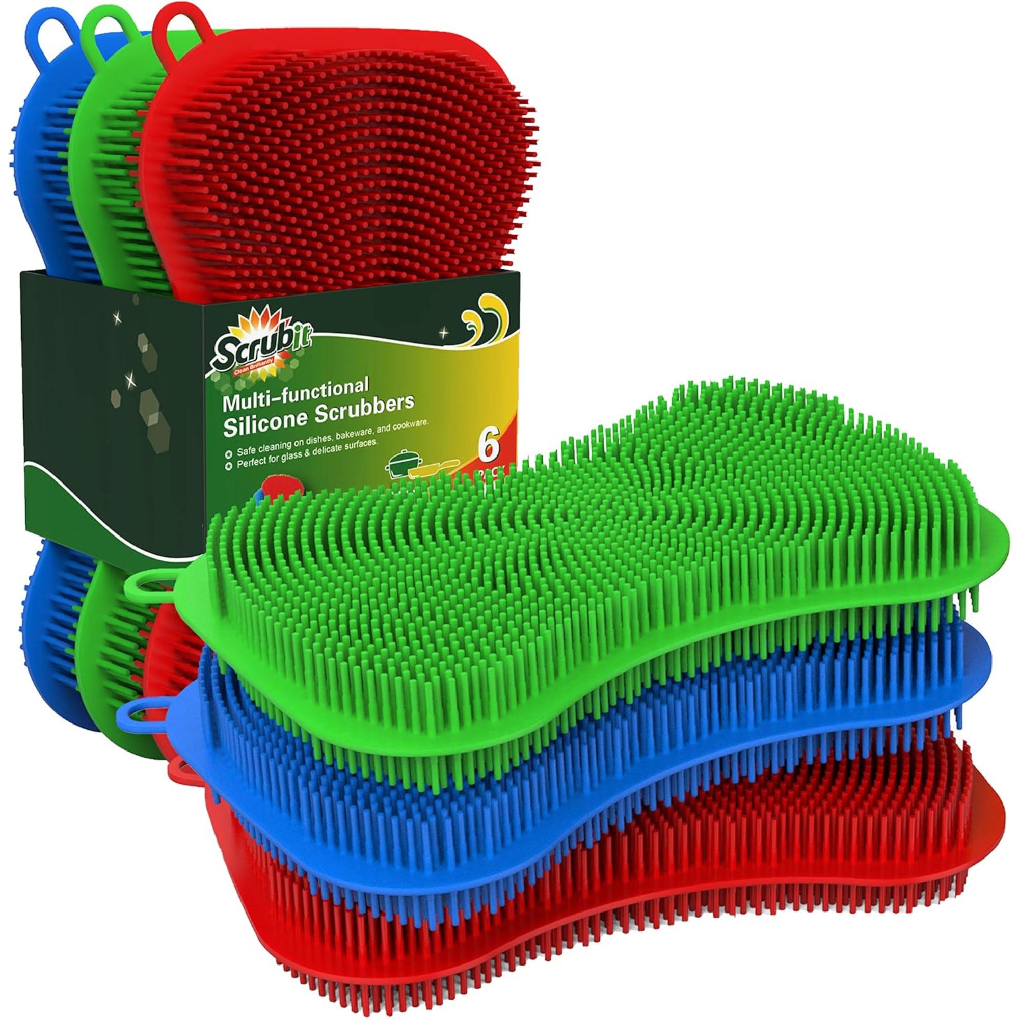 A stack of green, blue and red silicone dish scrubbers with them shown in their green cardboard packaging pack behind.