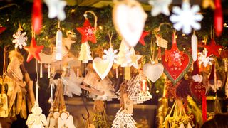 Decorations sold at the Christmas market in Lincoln, England