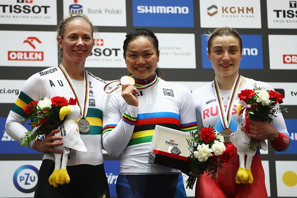 Kaarle McCulloch of Australia (Silver Medal), Lee Wai Sze of Hong Kong (Gold) and Daria Shmeleva of Russia (Bronze) pose on the podium for the Women's Keirin Final on day five of the UCI Track Cycling World Championships