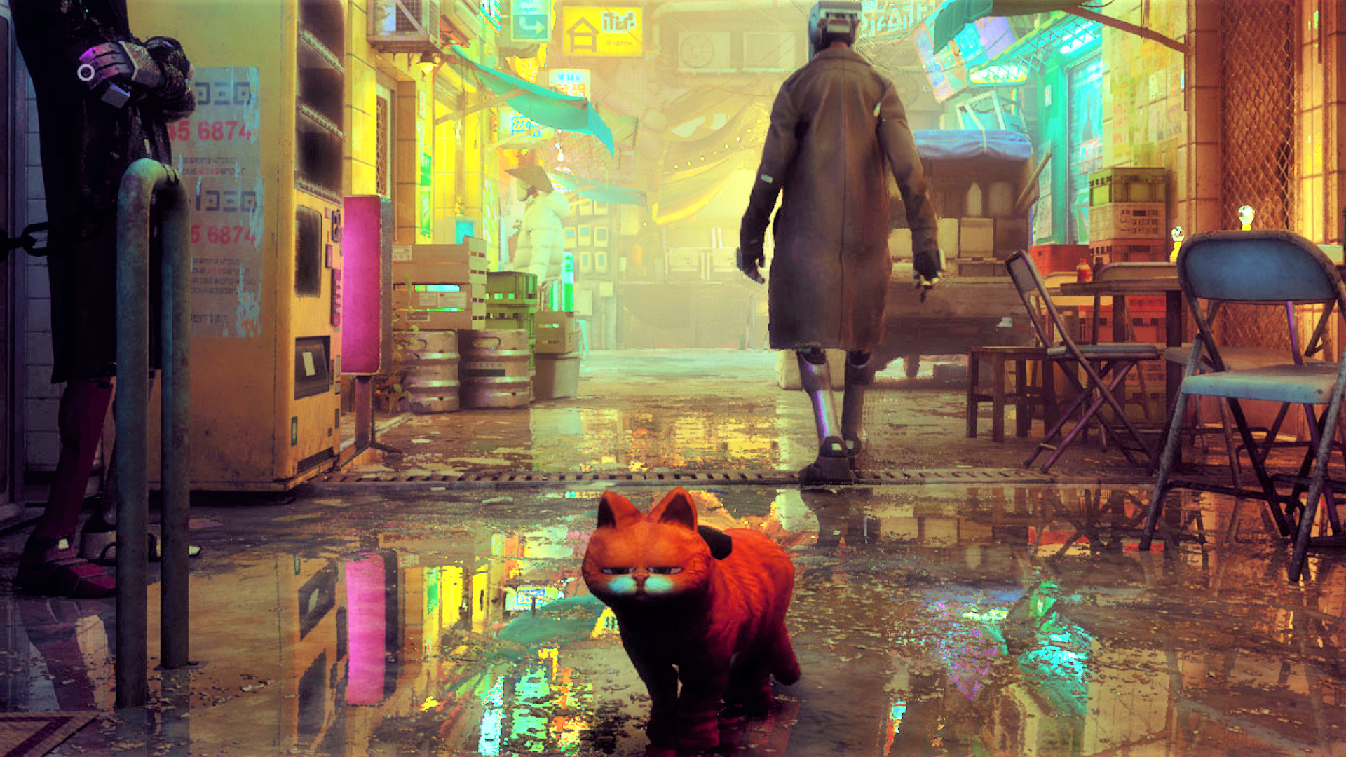 Garfield on all fours standing on a damp Cyberpunk street in place of the original cat in Stray thanks to a mod