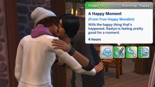 Two Sims kissing with a pop-up that says they are having a "Happy Moment"