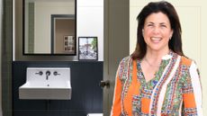 collage of Kirstie Allsopp and a downstairs bathroom painted in dark blue with a white floating sink