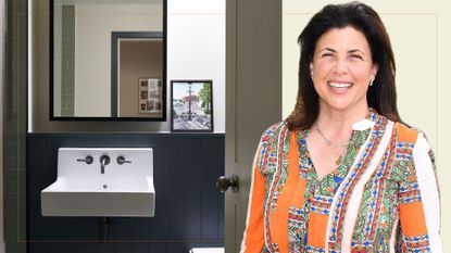 collage of Kirstie Allsopp and a downstairs bathroom painted in dark blue with a white floating sink
