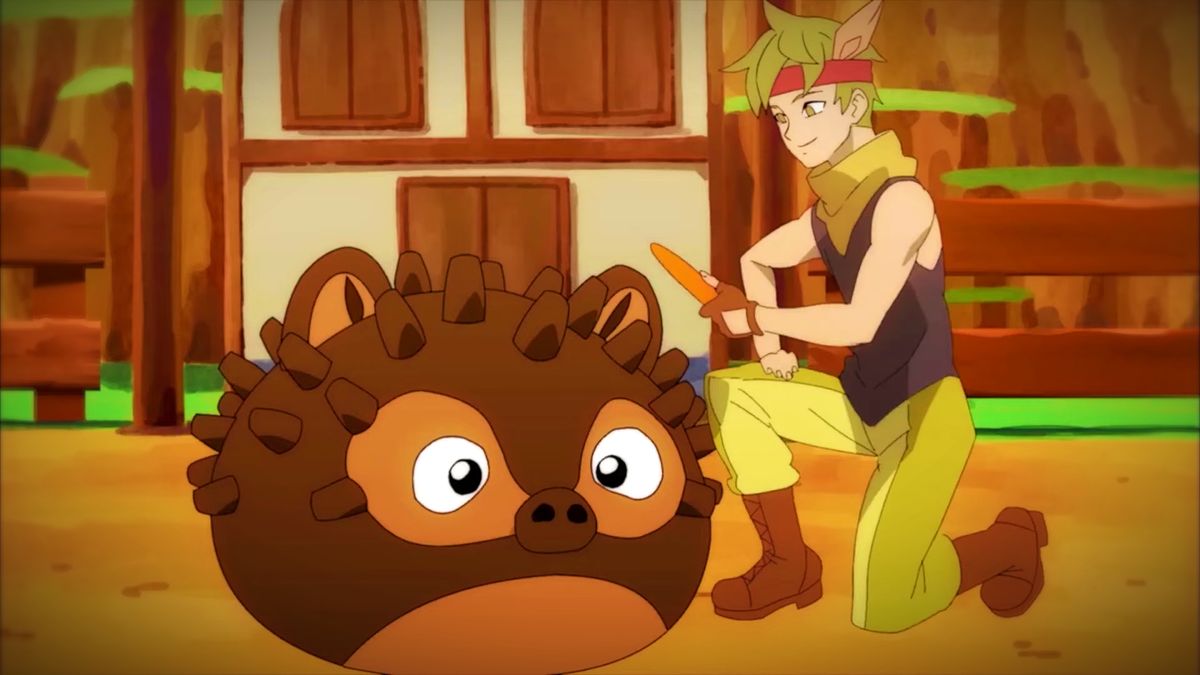 Ova Magica early access trailer screenshot showing an anime-style scene with a young male farmer feeding a round blob-shaped brown wooly creature a carrot in front of a barn