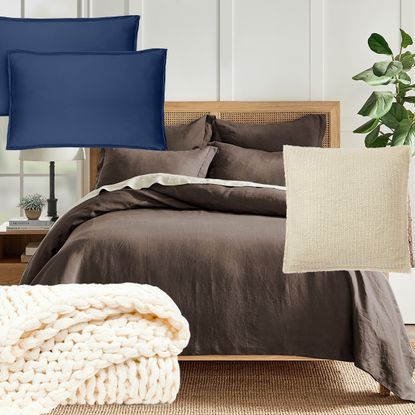 Collage of Bedding, Pillows, and Throw Blanket