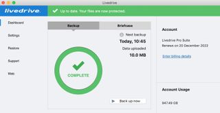 A demo webpage of Livedrive's backup dashboard and progress
