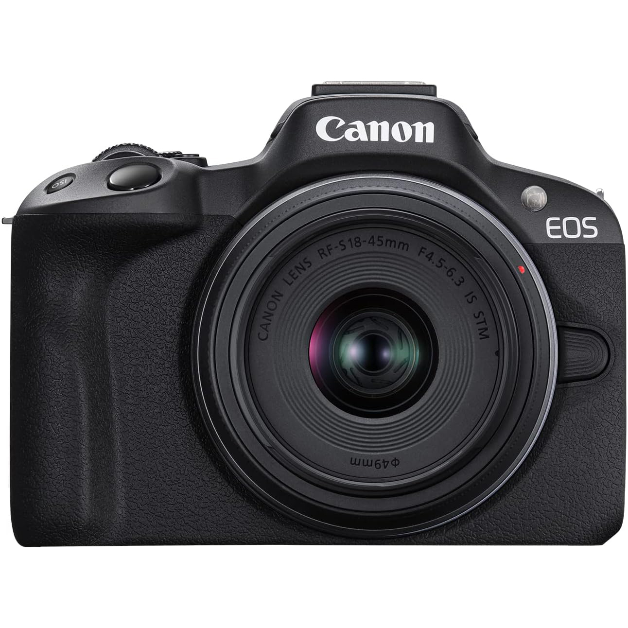 Canon EOS R50 with RF-S 18-45mm lens against a white background