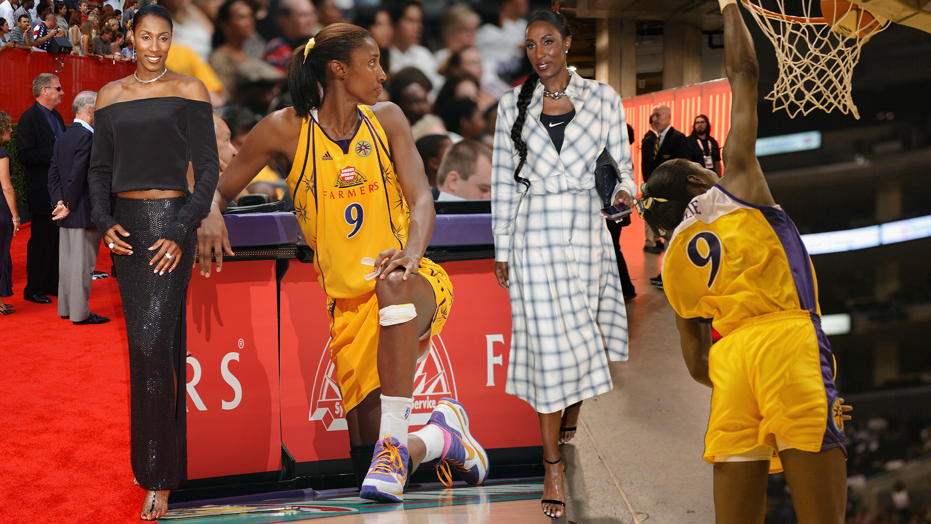 A collage showing Lisa Leslie on the court, at red carpet events, and at 2025 WNBA All-Star event. 