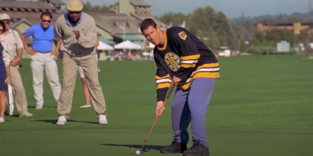 Adam Sandler in Happy Gilmore golf scene, having trouble putting.