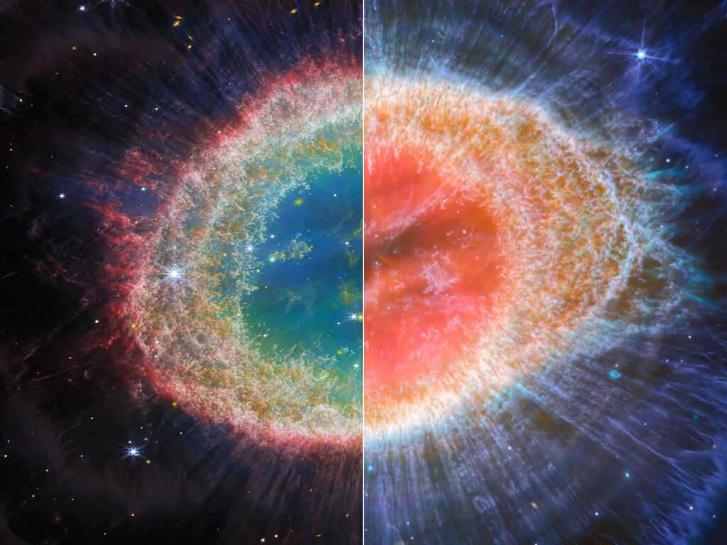 A side-by-side view of the Ring Nebula, imaged by the JWST.