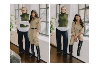 Liz Maccuish in jeans, a white button-down and a green, sleeveless knit; Jordan Mitchell in a jumpsuit and knee-high boots