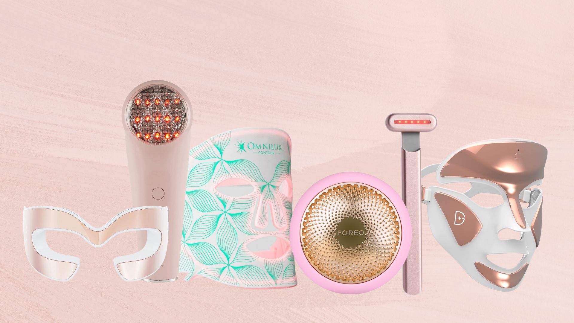 six of the best red light therapy devices - Dr Dennis Dross eye mask, Skin Gym Revilit, Omnilux Contour, Foreo UFO 2, Solawave wand and Dr Dennis Gross mask - on a brushed pale pink background