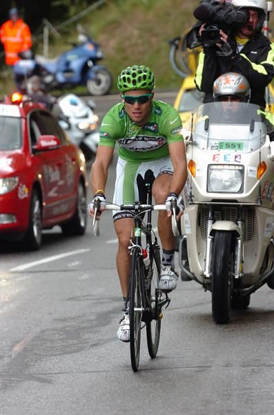 Thor Hushoved (Cervelo TestTeam) rides solo up the Col des Saisies in search of sprint points on the other side of the mountain.