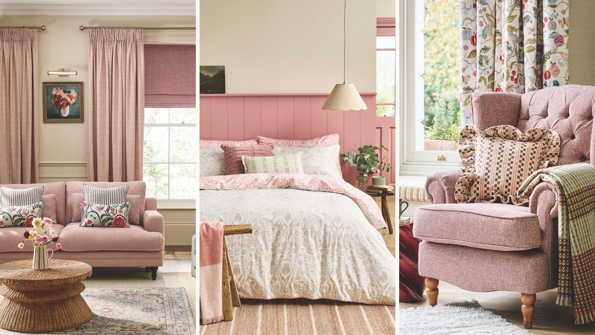compilation of a living room and bedroom with pink decor and country-style furniture