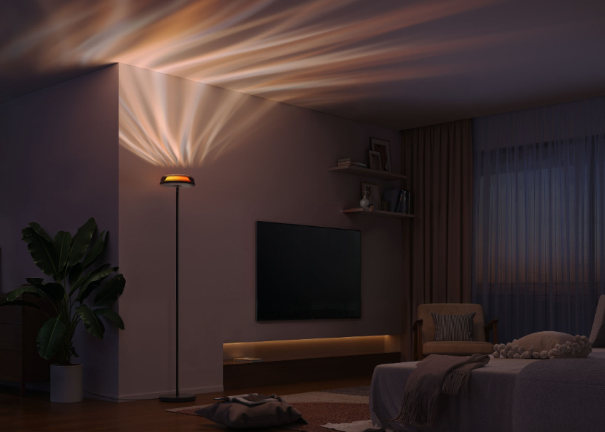 A dark living room with rippled light on the ceiling and wall