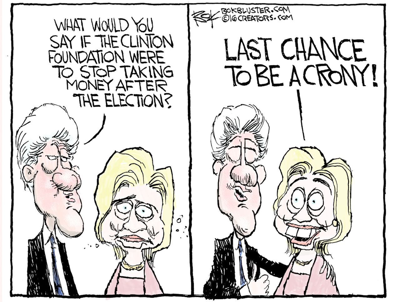 Political cartoon U.S. 2016 election Hillary Clinton Foundation stops taking money