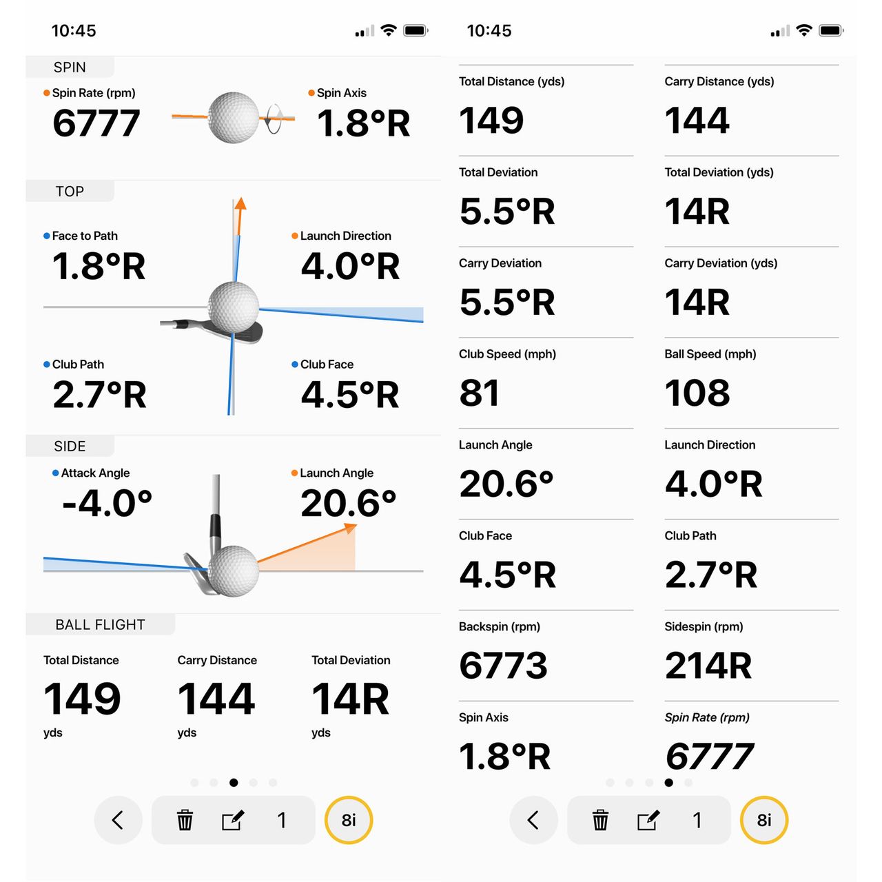 Screenshots of data on the Garmin Golf app using the Approach R10
