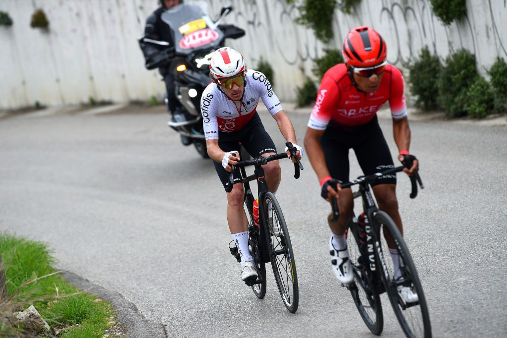 LA TURBIE FRANCE FEBRUARY 19 LR Guillaume Martin of France and Team Cofidis Nairo Alexander Quintana Rojas of Colombia and Team Arka Samsic attack during the 54th Tour Des Alpes Maritimes Et Du Var Stage 2 a 1491km stage from PugetThniers to La Turbie on February 19 2022 in La Turbie France Photo by Dario BelingheriGetty Images