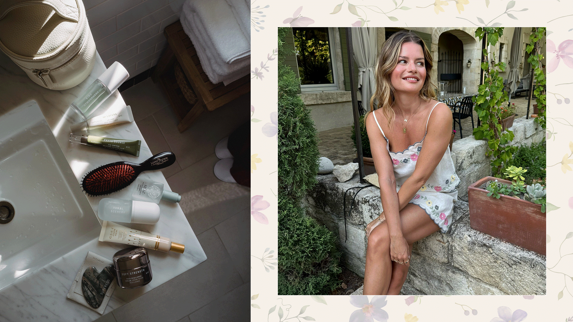 Beauty products arranged on a bathroom counter and models wearing summer outfits