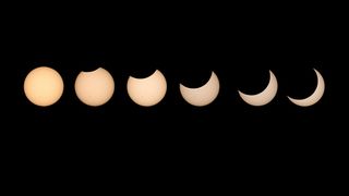 a series of photos taken of the partial solar eclipse and edited in layers into one image. The solar eclipse, where the moon comes between earth and the sun, took place on October 14, 2023 .