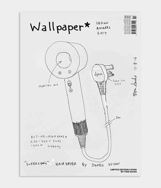 Tom Sachs Wallpaper* magazine cover design featuring a drawing of Dyson supersonic hairdryer for the February 2017 issue
