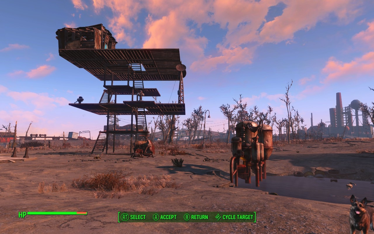 Fallout 4 settlement showing misshapen tree house at sunset, with machine gun turrets at second level, water purifiers and dog in foreground.