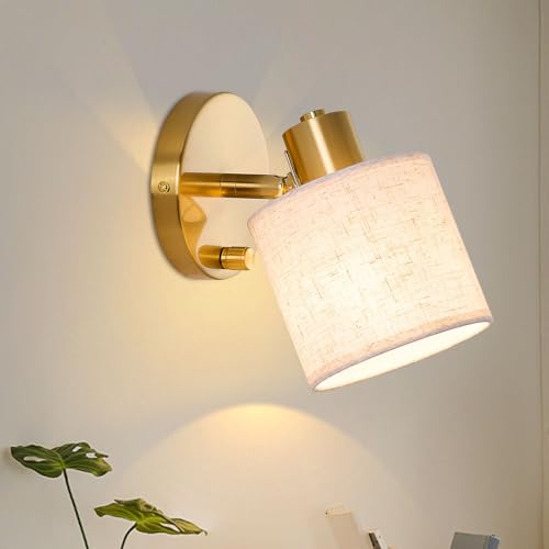 Lightess Wall Light With Switch Dimmable Gold Wall Sconce With Beige Linen Fabric Lampshade E27 40w Indoor Bedside Wall Lamp for Bedroom Living Room Hallway
