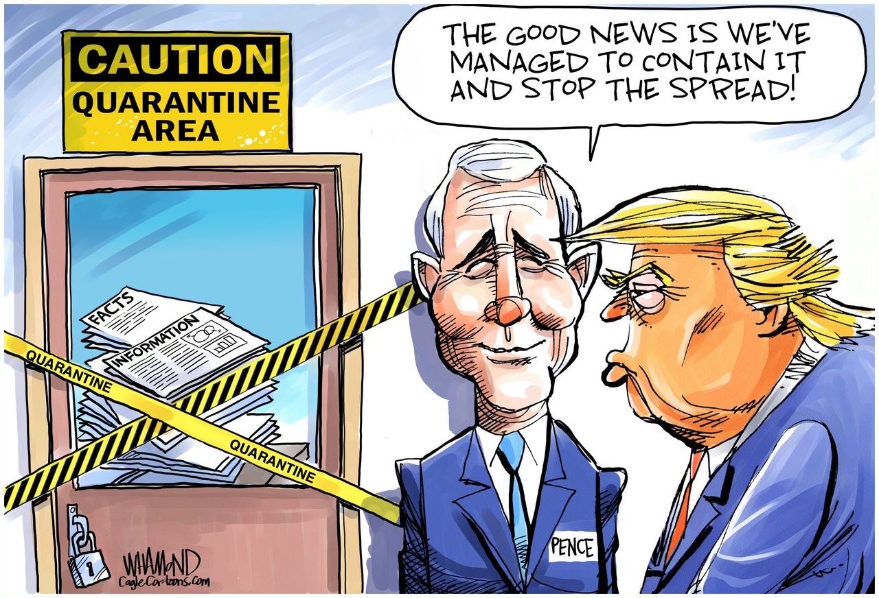 Political Cartoon U.S. Trump Pence coronavirus not spreading facts news misinformation