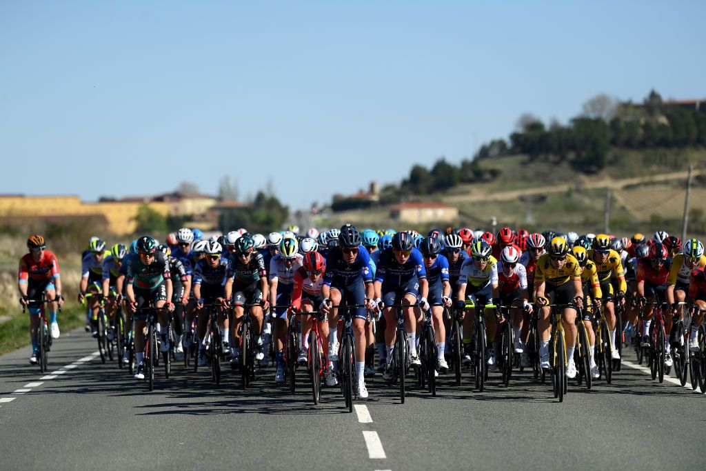 LABASTIDA SPAIN APRIL 03 A general view of Juan Pedro Lopez Perez of Spain and Team TrekSegafredo Bruno Armirail of France Lars Van Den Berg of The Netherlands and Team GroupamaFDJ Rui Costa of Portugal and Team IntermarchCircusWanty Lennard Hofstede of The Netherlands and Team Jumbo Visma and the peloton compete during the 2nd Itzulia Basque Country Stage 1 a 1654km stage from VitoriaGasteiz to Labastida 527m Itzulia2023 on April 03 2023 in Labastida Spain Photo by David RamosGetty Images