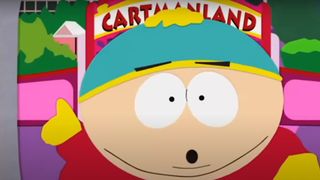 Eric Cartman pointing to an amusement park during the South Park episode Cartmanland (season 5, episode 6).