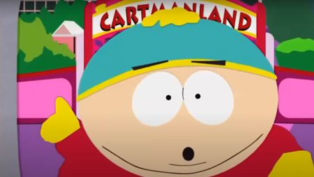 Eric Cartman pointing to an amusement park during the South Park episode Cartmanland (season 5, episode 6). 