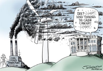 Political Cartoon U.S. Trump White House wind turbines cancer