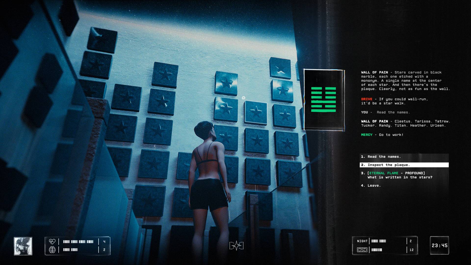 Screenshot from Tangerine Antarctic shows a character looking at a wall, with dialogue and choices on the right side of the screen.