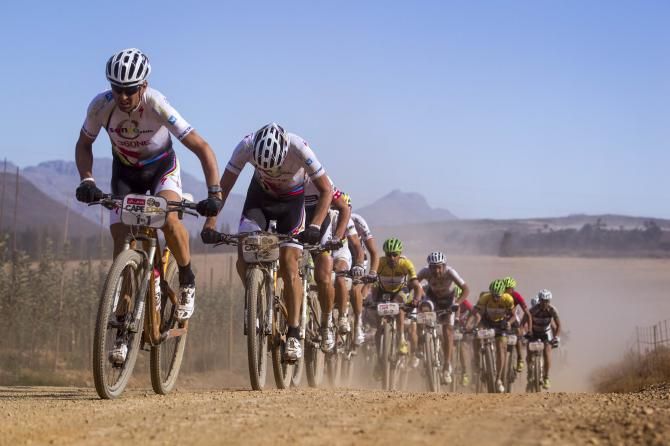Christoph Sauser of Burry Stander-Songo leads the chase during stage 2 of the 2013Cape Epic Mountain Bike stage race from Citrusdal to Saronsberg Wine Estate in Tulbagh, South Africa