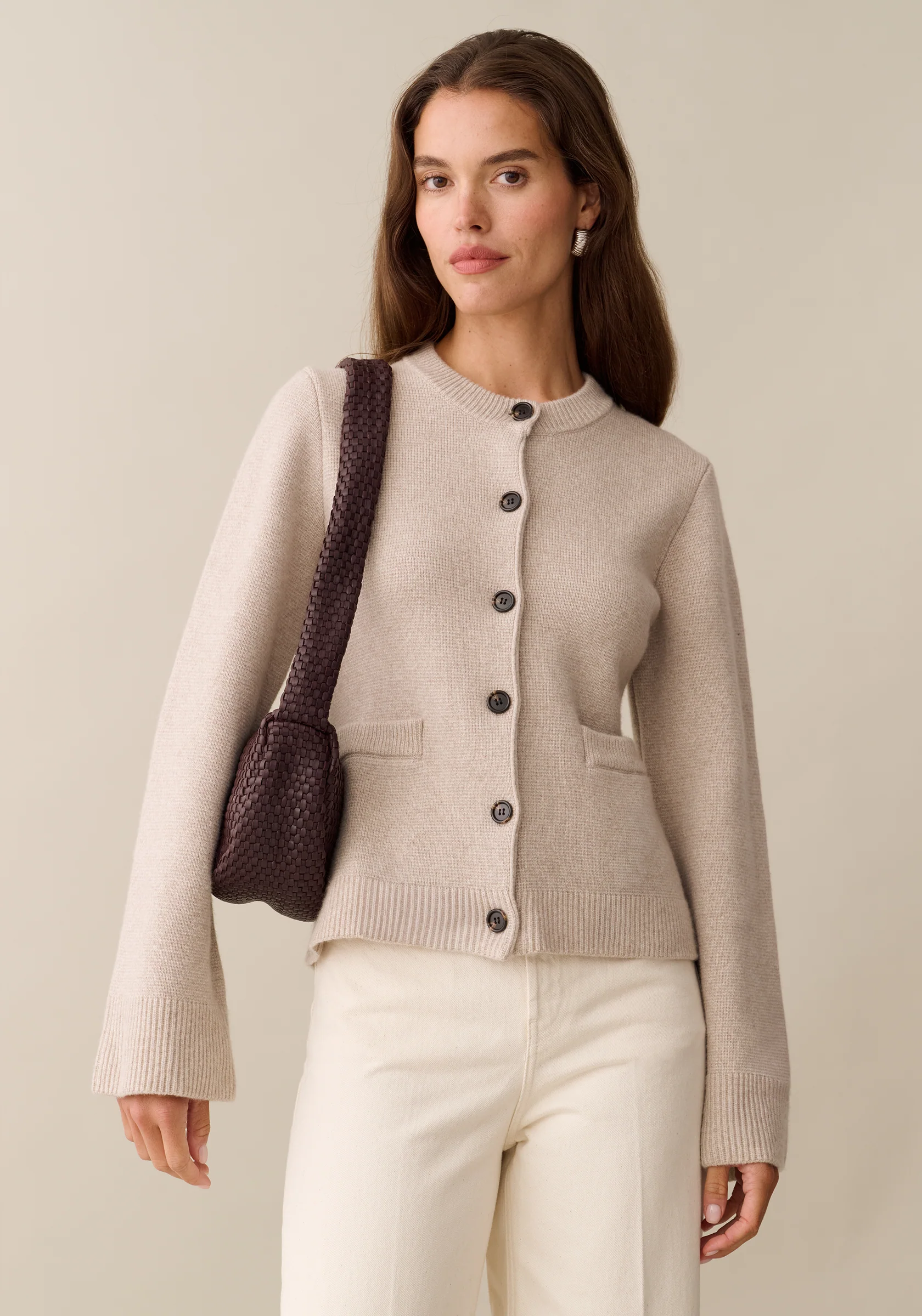Kourt, Averie Wool-Cashmere Cardigan in Taupe Beige, Member Price is $119