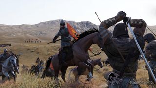 A screen capture from Bannerlord, with a cavalryman fighting an infantry soldier