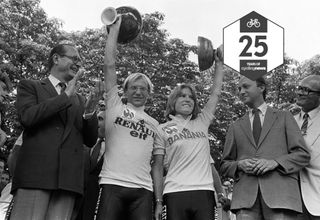Tour de France winners Frenchman Laurent Fignon and Marianne Martin of the United States smile on the podium on July 22, 1984 in Paris, surrounded by Paris Mayor Jacques Chirac (L) and Prime Minister Laurent Fabius. Fignon reveals, on June 11, 2009 in Paris during the recording of a TV show released on June 14, that he suffers from and advanced stage cancer, but that there are no links with doping products. Fignon won the Tour de France in 1983 and 1984. AFP PHOTO FILES / AFP PHOTO / FILES (Photo credit should read /AFP via Getty Images)
