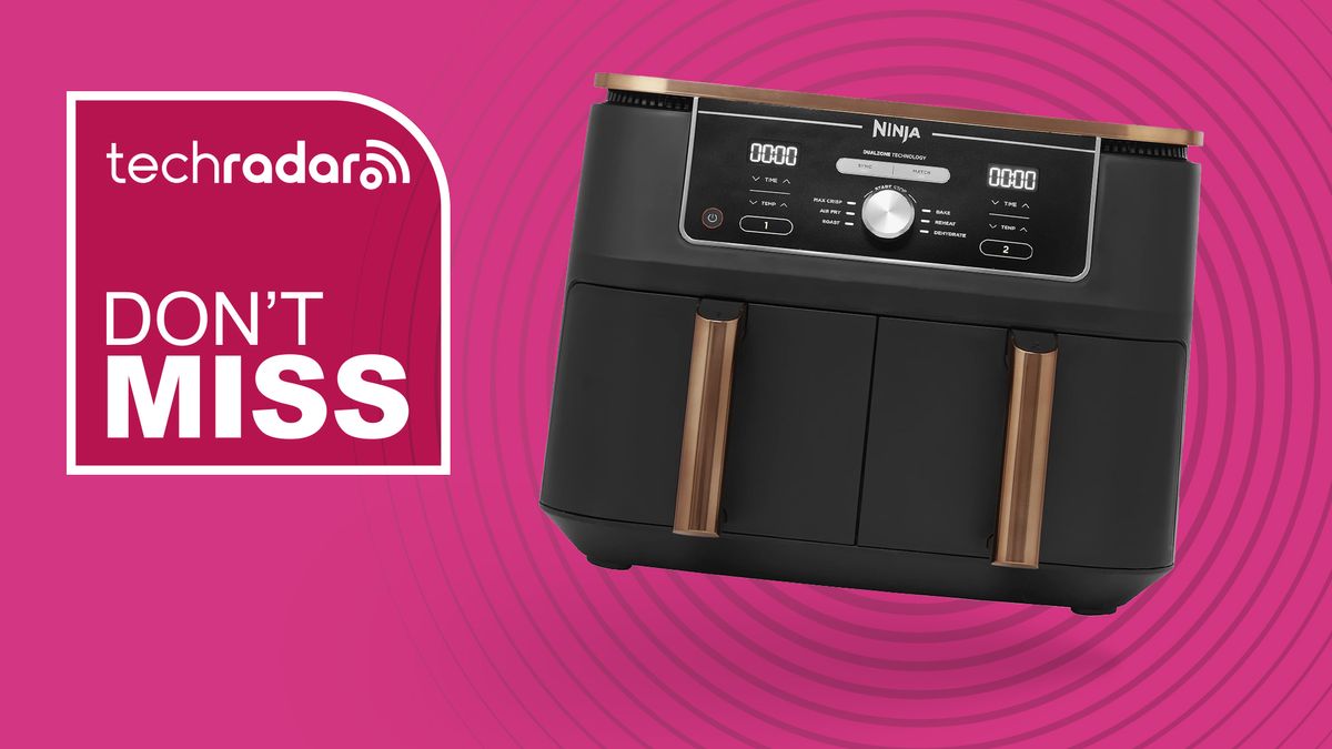 Ninja air fryer on pink background with white text reading &quot;TechRadar don&#039;t miss&quot;