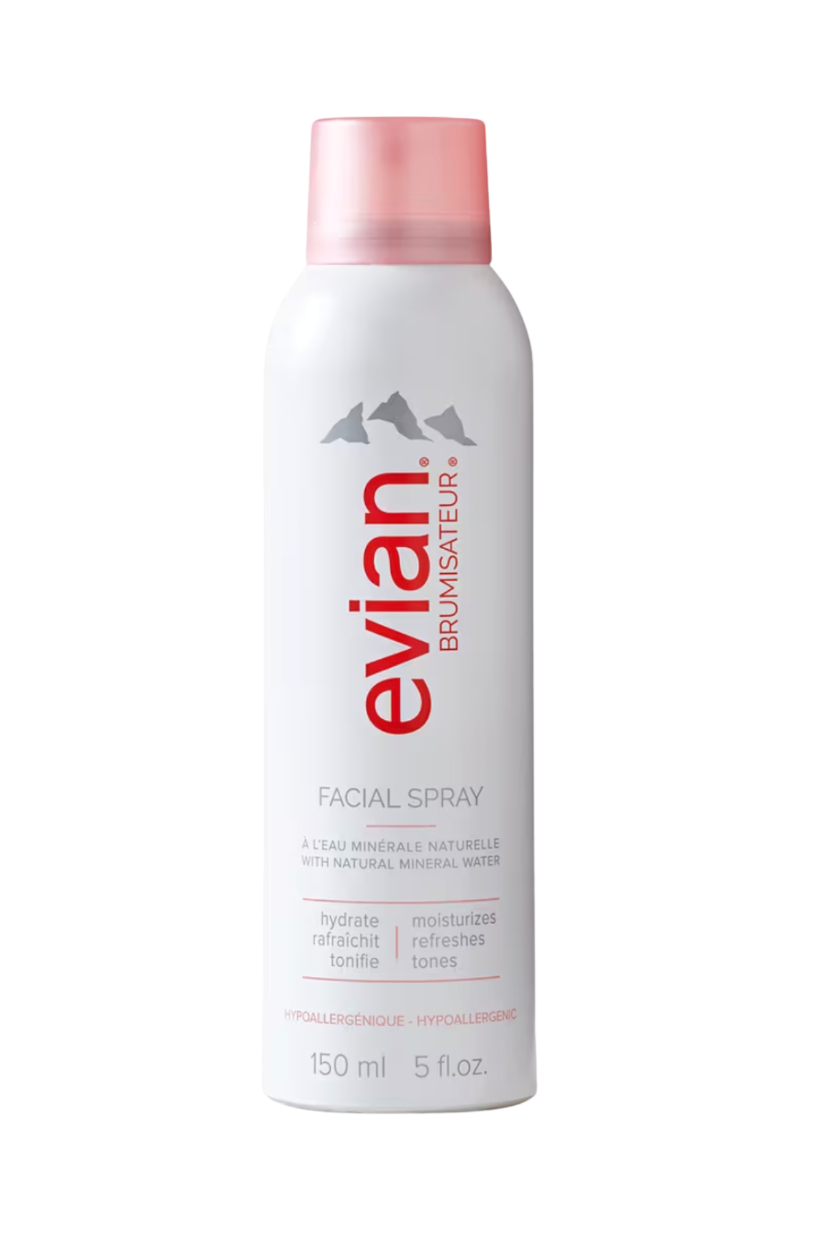evian white bottle facial spray with a pink cap