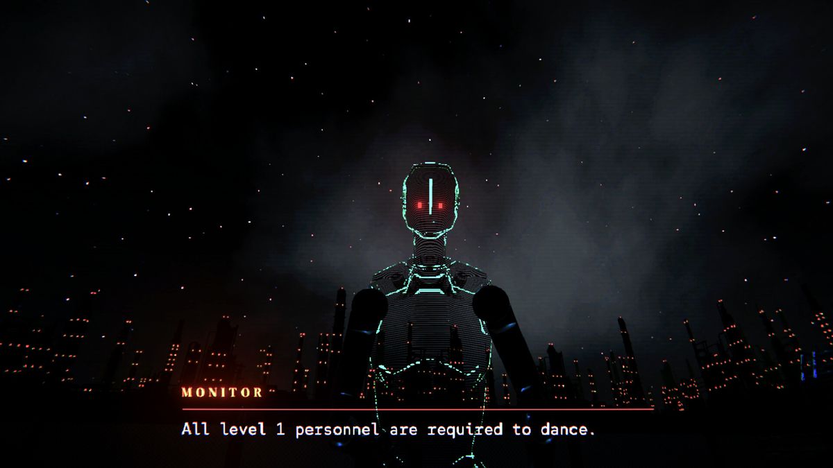 Hologram talking about men dancing