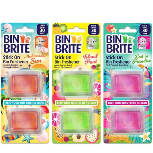6 X Stick on Bin Freshener Smelling Fresh Dustbins Swing Pedal Air Fragrance | Mediterranean Sun | Island Fruit | Lost in Paradise | Uk Free P&p