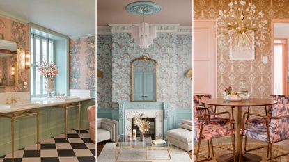  Art deco style decor is back on trend. Here are three pictures of this - a bathroom with dual sinks, mint green paneling, and a black and white checkered floor, a blue living room with a white chandelier and fireplace, and a pink dining room with a wooden circular dining table