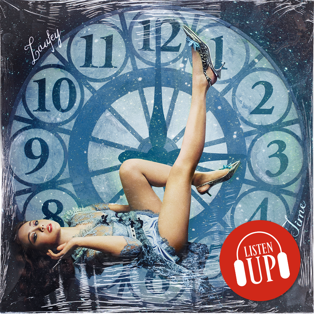 the image for laufey&#039;s a matter of time album cover featuring her lying on a blue clock