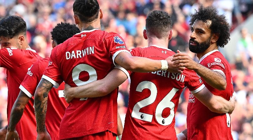 Liverpool players celebrate Mohamed Salah&#039;s goal against Aston Villa in the Premier League in September 2023.