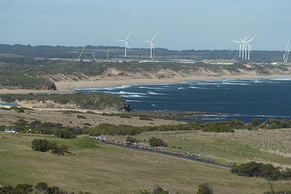 The tour heads past the wind farms near Wonthaggi during stage four from San Remo to Warragul.