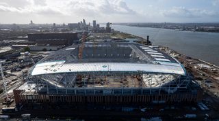 LIVERPOOL, ENGLAND - SEPTEMBER 25: Aerial Drone General View of the new Everton Stadium with the North Stand in the foreground at Bramley-Moore Dock on September 25, 2023 in Liverpool, England. (Photo by Mark Seddon/Everton FC via Getty Images)