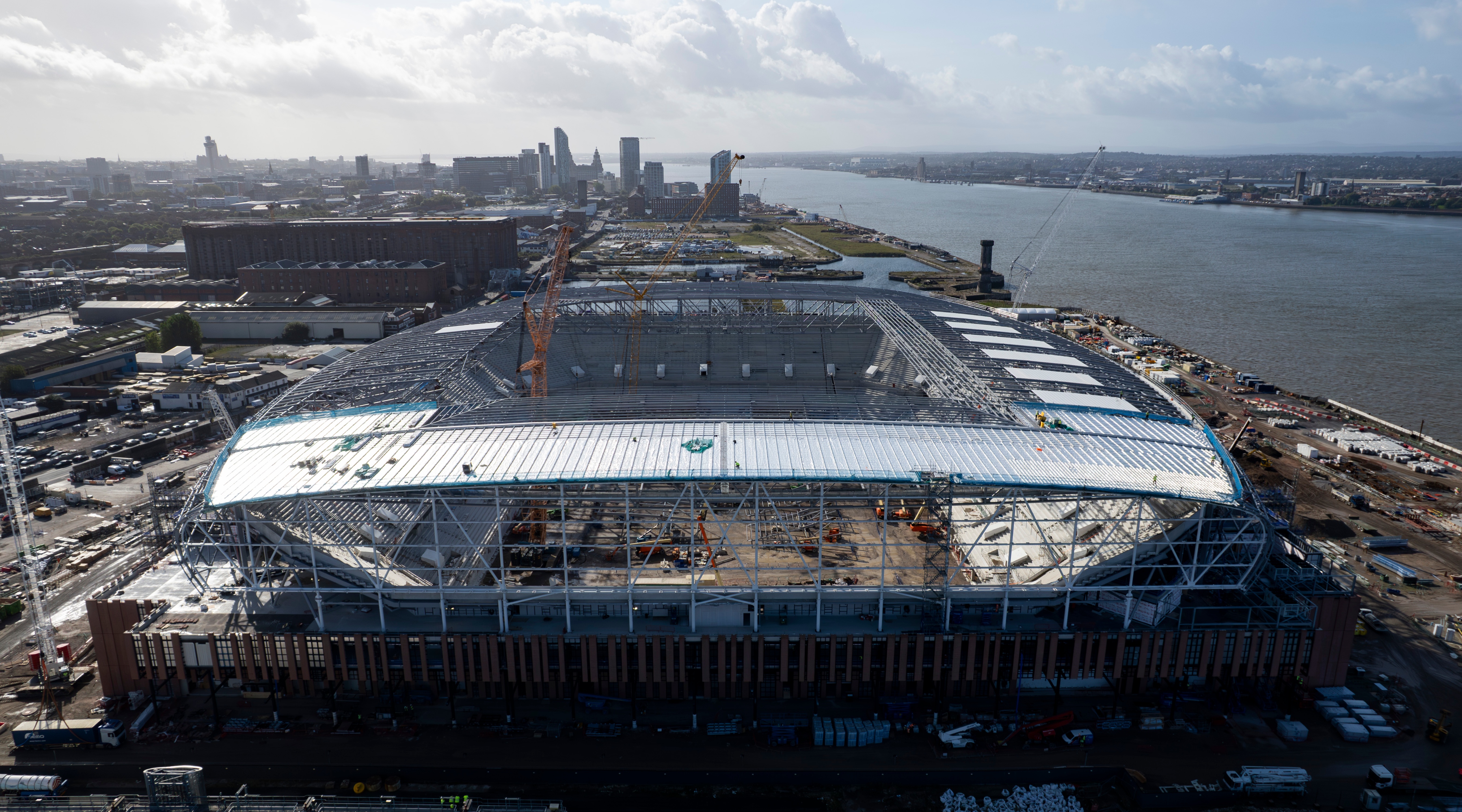  LIVERPOOL, ENGLAND - SEPTEMBER 25: Aerial Drone Classic Contemplate of the original Everton Stadium with the North Stand in the foreground at Bramley-Moore Dock on September 25, 2023 in Liverpool, England. (Photo by Tag Seddon/Everton FC by technique of Getty Photos)