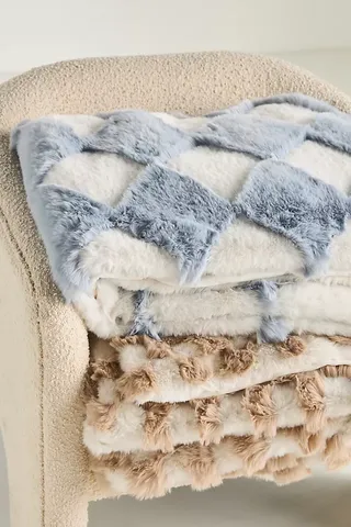 Carved Checkered Faux-Fur Throw Blanket