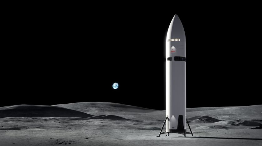 a massive silver-and-white rocket lands on the grey, dusty surface of the moon