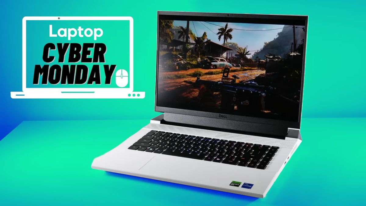 The Dell G16 gaming laptop in front of a green and blue background with a Laptop Mag deals icon